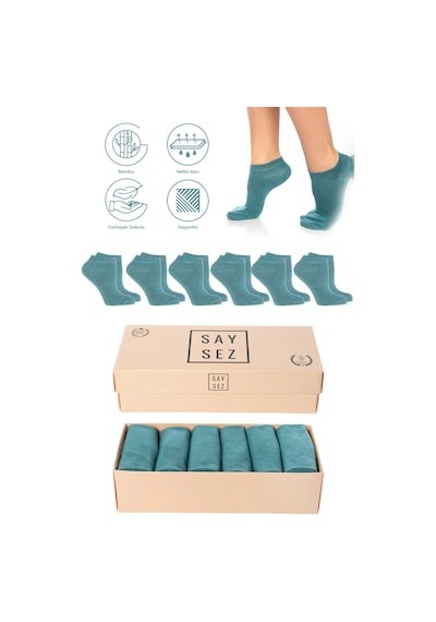 Saysez Bambu Kadın Patik Düz Su Yeşili Mint Renk Çorap Dikişsiz Premium Kutulu 6'lı Paket Renkli