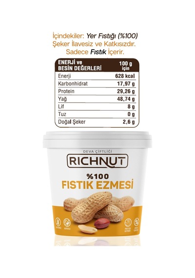 Richnut Şekersiz %100 Saf Doğal Fıstık Ezmesi 1 Kg
