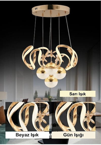 Kumandalı 3 Renk Işık Özellikli 4 Toplu Modern Gold Kaplama Sarkıt Led Avize Salon Avize Gold