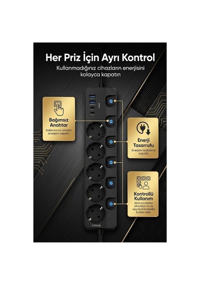 5'li Akım Korumalı Usb Çoklu Priz 2 Usb-a 2 Type-c Pd 20w Hızlı Şarj Anahtarlı Grup Priz 3680w 2 Metre 0 - 2 M