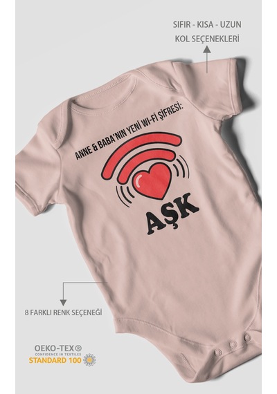 Anne Babanın Yeni Wifi Şifresi Aşk Baskılı Bebek Zıbını Çıtçıtlı Body 8 Renk %100 Pamuk Kısa Kol Pastel Pembe