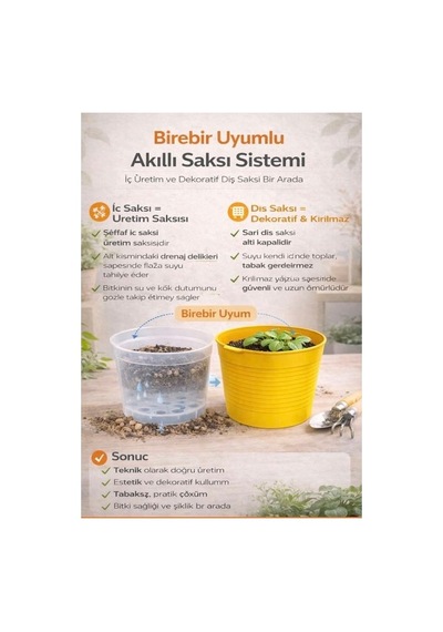 2'li Saksı Seti - 15 Pot Üretim + 1,8 Litre Sarı Dekoratif Kırılmaz Saksı Tabaksız Uyumlu