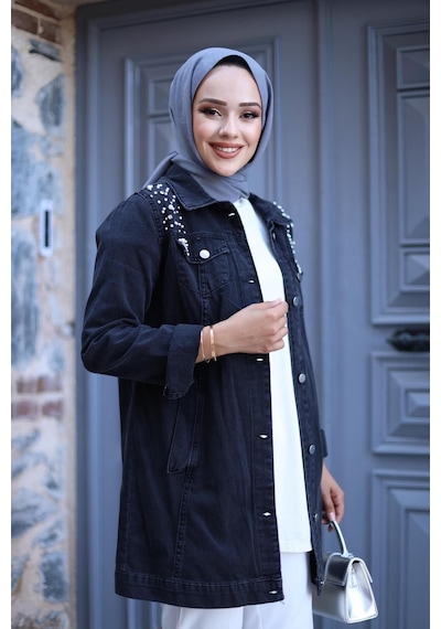 Harman Butik Kadın Boncuk İşlemeli Denim Kot Ceket Siyah Siyah