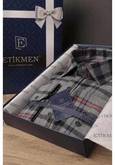 Füme Kırmızı Çizgi Slimfit Oduncu Erkek Gömlek Füme