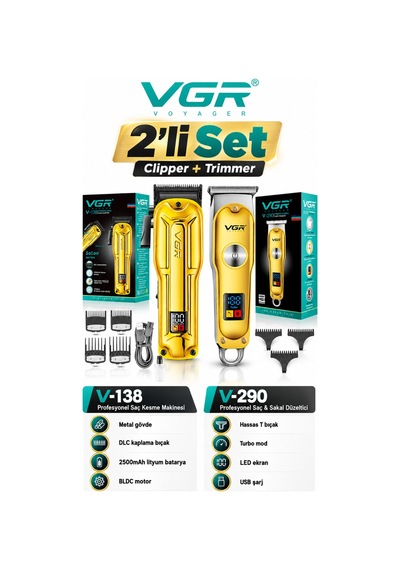 Saç Sakal Tıraş Makinesi Seti Metal Clipper Trimmer Gold V-138 & V-290