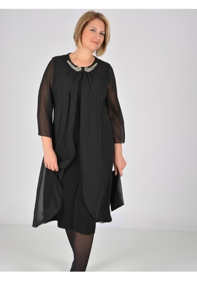 Nidya Moda Büyük Beden Üstü Şifon Elbise-4037S Siyah
