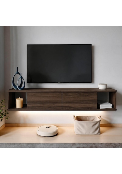 İnarch Dizayn Twist Led Işıklı Duvara Monte Tv Sehpası - 2 Kapaklı Ceviz