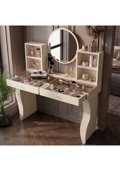Lotus Camlı Aynalı Makyaj Masası - Krem