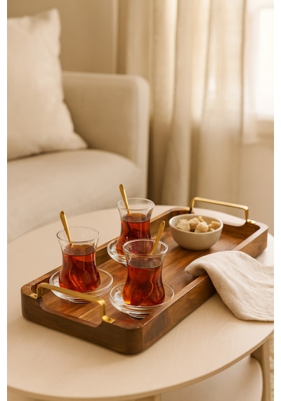 Ahşap Servis Tepsisi Altın Renk Metal Kulplu Dikdörtgen Çay Ve Kahve Sunum Tepsisi 48x18x5.8 Cm Kahverengi