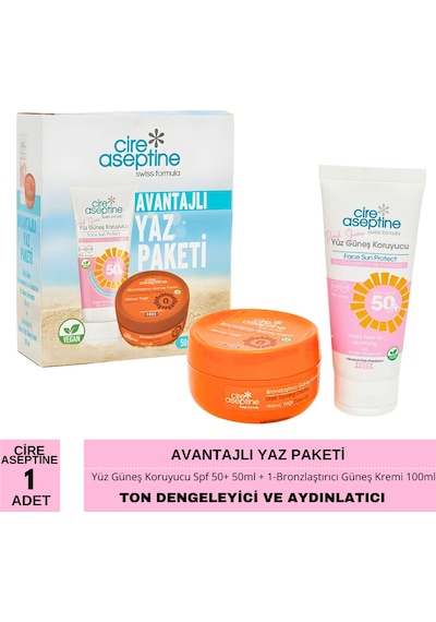 Cire Aseptine Avantajlı Yaz Paketi Yüz Güneş Koruyucu Spf 50+ Ton Dengeleyici Ve Aydınlatıcı 50ml İle Bronzlaştırıcı Güneş Kremi 100ml