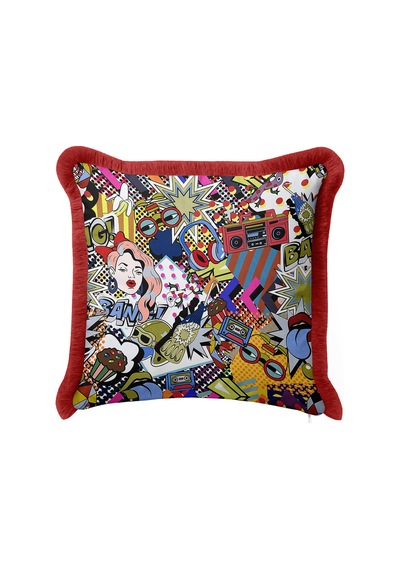 Pop Art Renkli Saçaklı Yastık Kılıfı - Çizgi Roman Temalı Retro Kırmızı Püsküllü Kırlent Kılıfı Adaçayı Altın Sarısı Pop Art Renkli Saçaklı Yastık Kılıfı - Çizgi Roman Temalı Retro Kırmızı Püsküllü Kırlent Kılıfı Adaçayı Altın Sarısı