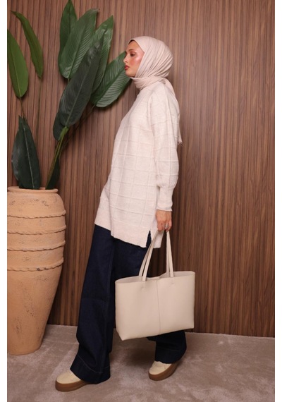Balenbi Kare Dokulu Oversize Yumoş Tesettür Triko Tunik 7012 Ekru