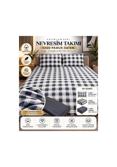 Slc Home %100 Pamuk Saten Gri/siyah Şık Tasarım Çift Kişilik Nevresim Takımı %100 Pamuk 4 Parça Gri - 938554151 Gri