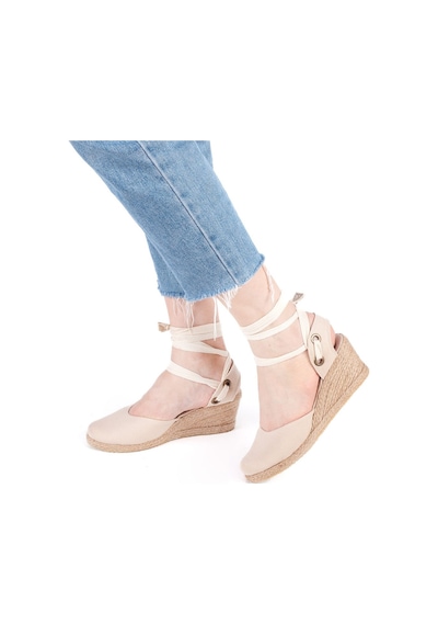 Star Tombis Gerçek Elişi Arkası Açık Geniş Ipli Dolgu Topuk Keten Kadın Espadril Handmade Bej