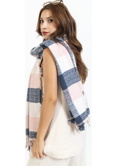Ladycolor Ekoseli Yünlü Kışlık Şal - 70x200 Cm - Dayanıklı Akrilik Lacivert