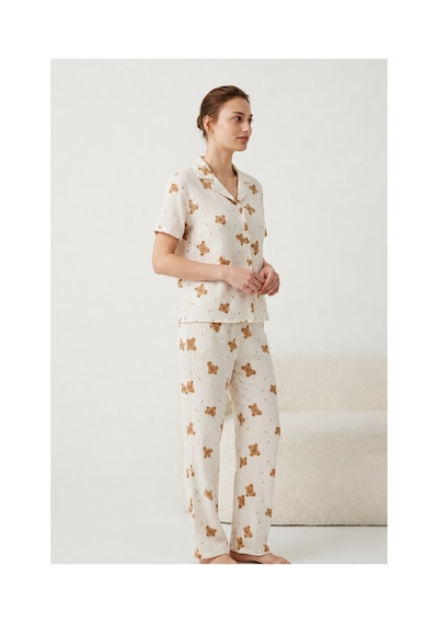 Fit Women V Yaka Kapama Lastik Bel Kar Beyaz Pijama Takımı Kırık Beyaz