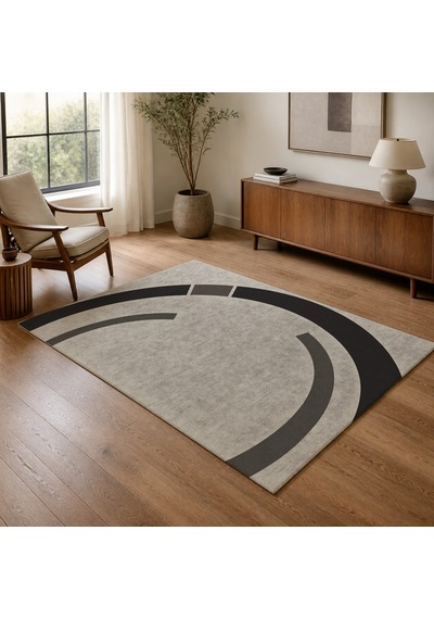 Kartela Halı Yörünge Daire Desenli Modern Halı Antrasit Kaymaz Taban Makinede Yıkanabilir 120x180 Cm