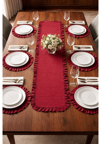 Bordo Fırfırlı Runner Ve Amerikan Servis Seti 7 Parça Şık Masa Örtüsü Takımı 120x40 Cm Bordo