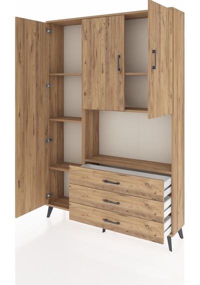 Arges Dolap 6 Raflı 3 Çekmeceli 3 Kapaklı 132x30x195 Çam-çam/çam Çam