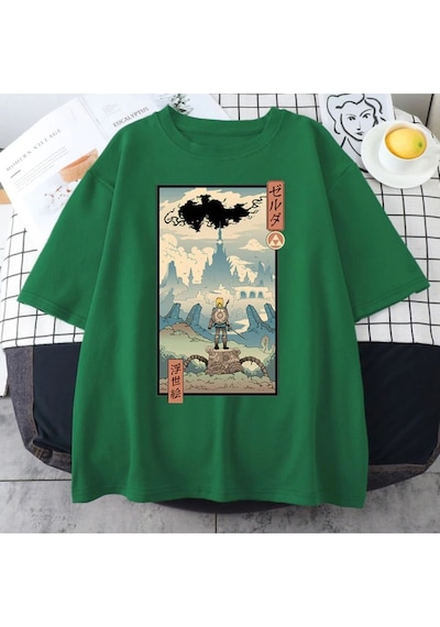Flood Of Style Yeşil Erkek Animesavaççı Baskılı Oversize Bisiklet Yaka Tshirt
