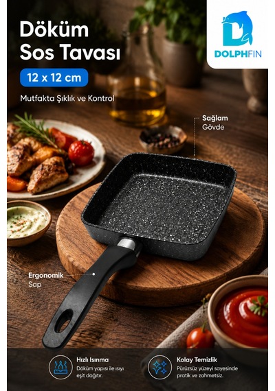 12x12 Cm Kare Döküm Sos Tavası Mini Tava Ergonomik Saplı Siyah