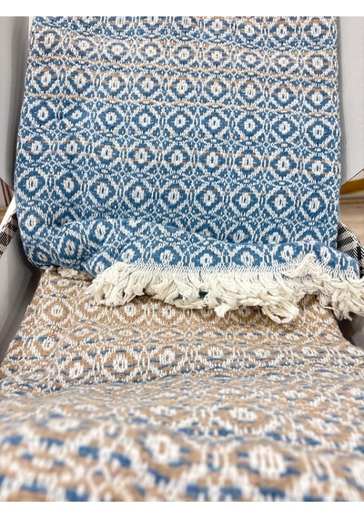 Sesli Comfort Mavi Bej Skoç Pamuk Örme Battaniye 200x220 Çift Kişilik Battal Diğer