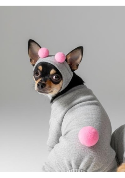 Ponpon Şeker Köpek Tulumu & Bere Takımı Şardonlu Polar Kumaş Küçük Irk Köpekler İçin Tüy Dökülmesini Gri M