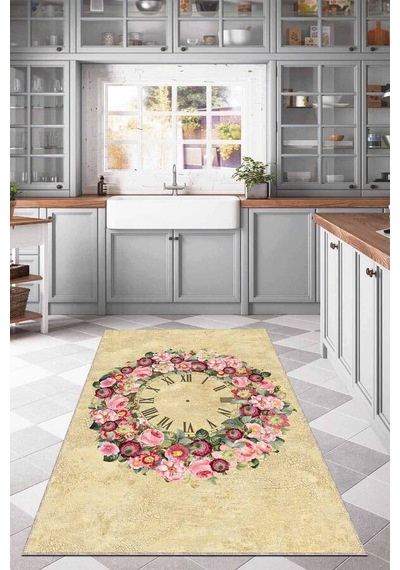Pembe Kaymaz Tabanlı Çiçek Desenli Mutfak Halısı Ar1042n11