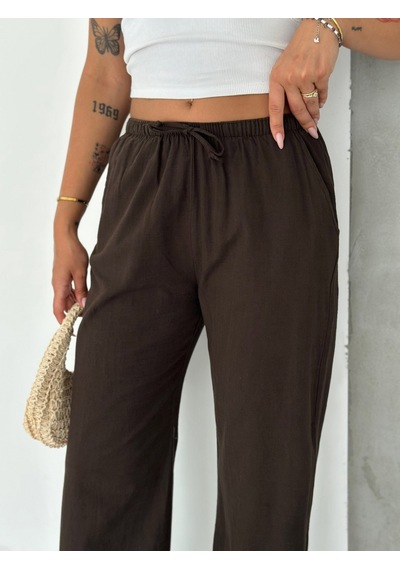 HLT Jeans Koyu Kahverengi Kadın Bel Lastik Detaylı İnce Dökümlü Baggy Keten Görünümlü Pantolon Emily-3023