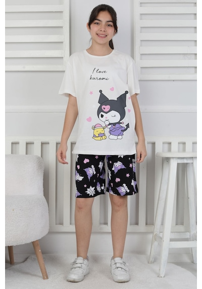 I Love Kuromi Baskılı Kısa Kollu Şort Pijama Takımı Beyaz