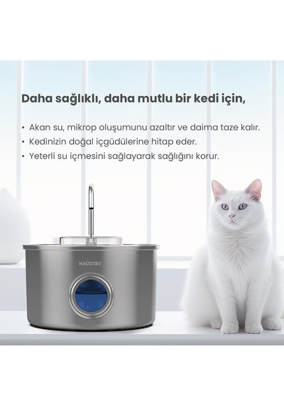 Haustier Wf009ls-m Otomatik Kedi Su Çeşmesi,kedi Su Sebili, Su Pınarı 3.5lt Geniş Hazne, Sus304 Çelik, Çok Katman
