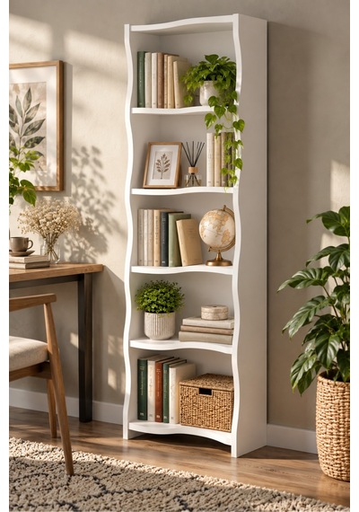 Sulorahome 5 Raflı Modern Dalgalı Tasarım Beyaz Kitaplık Ve Raf Ünitesi Antrasit