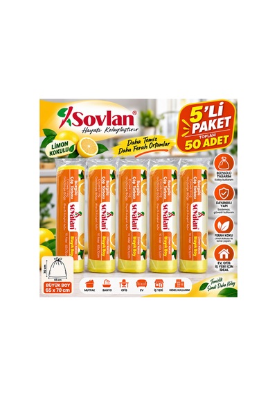 Limon Kokulu Büzgülü Çöp Torbası Büyük Boy 65x70 Cm 5'li Paket 50 Adet