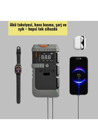4 Fonksiyonlu Akü Takviye Cihazı Ve Dijital Lastik Şişirme Kompresörü Powerbank Led Işıklı