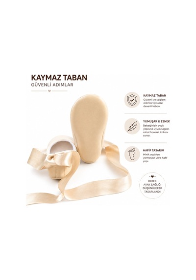 Baby Shez Kız Bebek Ayakkabısı Yumuşak Kaymaz Taban Rahat Babet Patik Özel Gün Bej