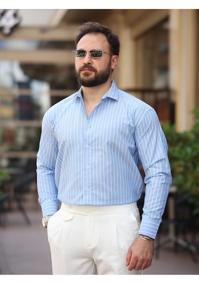 Çizgili Dik Yakalı Old Money Gömlek Açık Mavi Çzgl