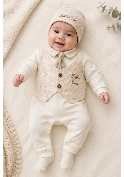 Beniizle Little One Nakışlı Şapkalı Kravatlı Erkek Bebek Tulum Ekru