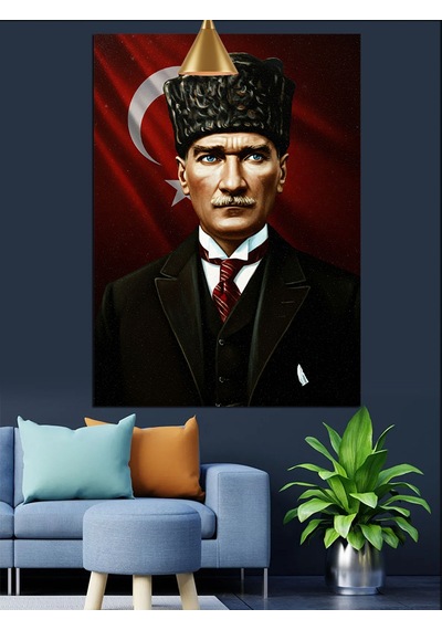 Kırmızı Bayrakve Mustafa Kemal Atatürk Dekoratif Kanvas - Mdf Ahşap Tablo