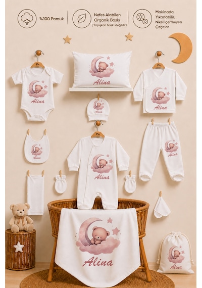 Pia Baby Kız Bebek Hastane Çıkışı 12 Parça %100 Pamuk İsme Özel Organik Baskılı Kese Hediyeli 100811k0x Ekru