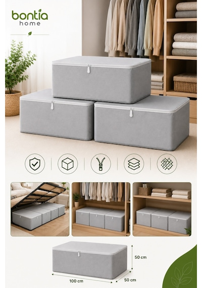 Büyük Boy Saklama Hurcu 3'lü Set 100x50x50 Cm Fermuarlı Hurç Yorgan Battaniye Kıyafet Düzenleyici Baza Altı Ve Dolap İçi Saklama Kutusu Krem