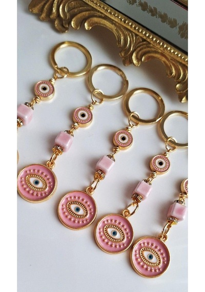 Hediyelik 5'li Zirkon Taşlı Nazar Boncuklu Pembe Şık Anahtarlık 10,5 Cm