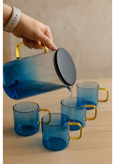 Morponi Borosilikat Cam Sürahi Takımı 4 Bardaklı Bluora Bardaklı Sürahi 2100 Ml & 300 Ml