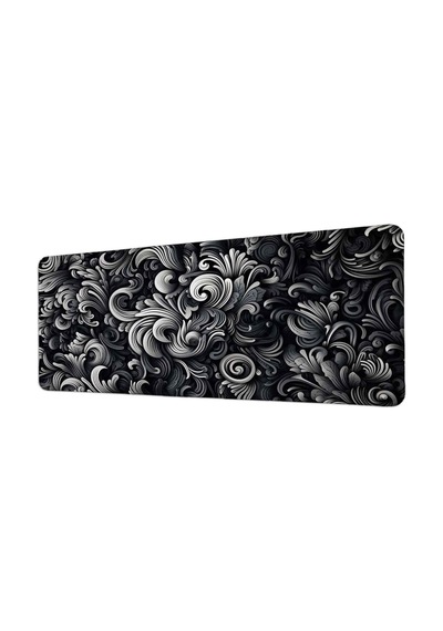 Siyah Beyaz Barok Çiçek Motifi 40x90 Cm Oyuncu Mousepad Kaymaz Taban Büyük Boy Mousepad