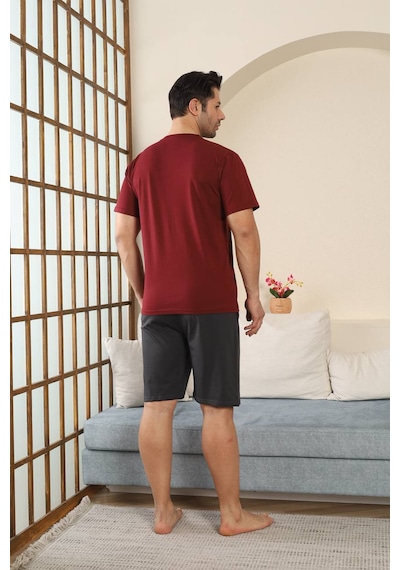 Seboteks %100 Pamuklu Kısa Kollu Cepli Erkek Şortlu Pijama Takımı 2015 Bordo