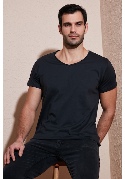 Buratti Pamuklu Slim Fit V Yaka Basic Erkek T Shirt 5412001 Füme