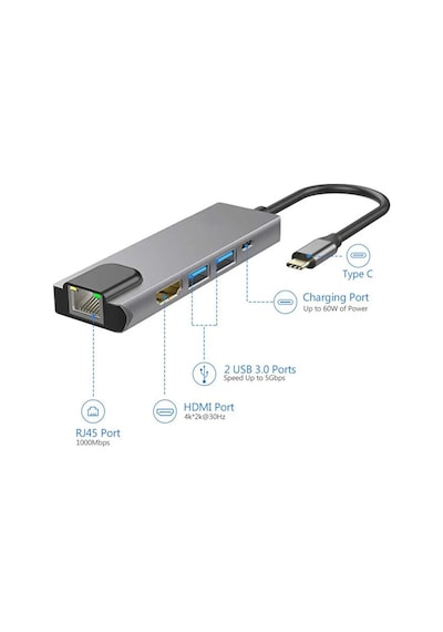 5in1 Type C To 4k Hdmı Çevirici 2xusb 3.0 Çoklayıcı 100w Pd Rj45