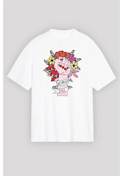 Defymoda 8 Mart Dünya Kadınlar Günü Baskılı Oversize Bisiklet Yaka T-shirt - Beyaz