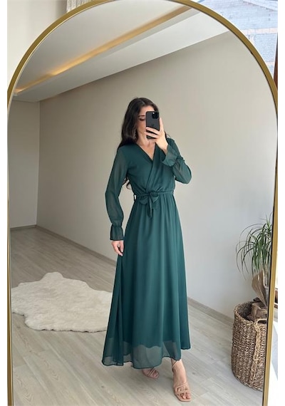 Neşeli Butik Kadın Uzun Kollu Kuşaklı Maxi Şifon Elbise Nm001 Yeşil