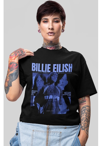 Sevbano Billie Eilish Şarkıcı Baskılı Unisex Oversize Tişört Siyah
