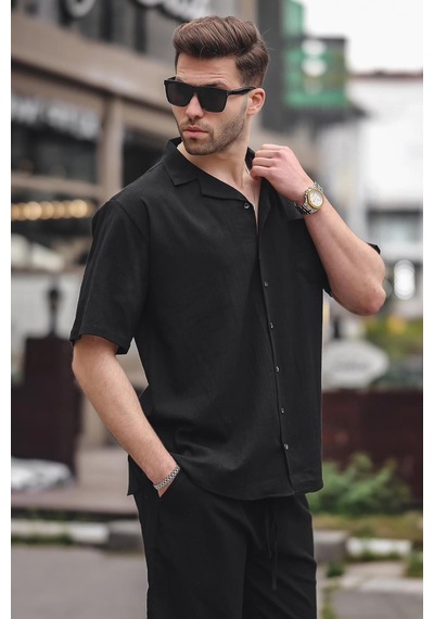 Madmext Erkek Siyah Basic Oversize Gömlek Takımı 5588